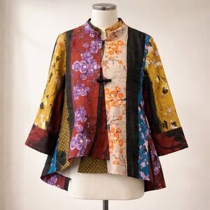 IC Collection Jacket Women Small Multicolor Floral Patchwork Art To Wear 5450J